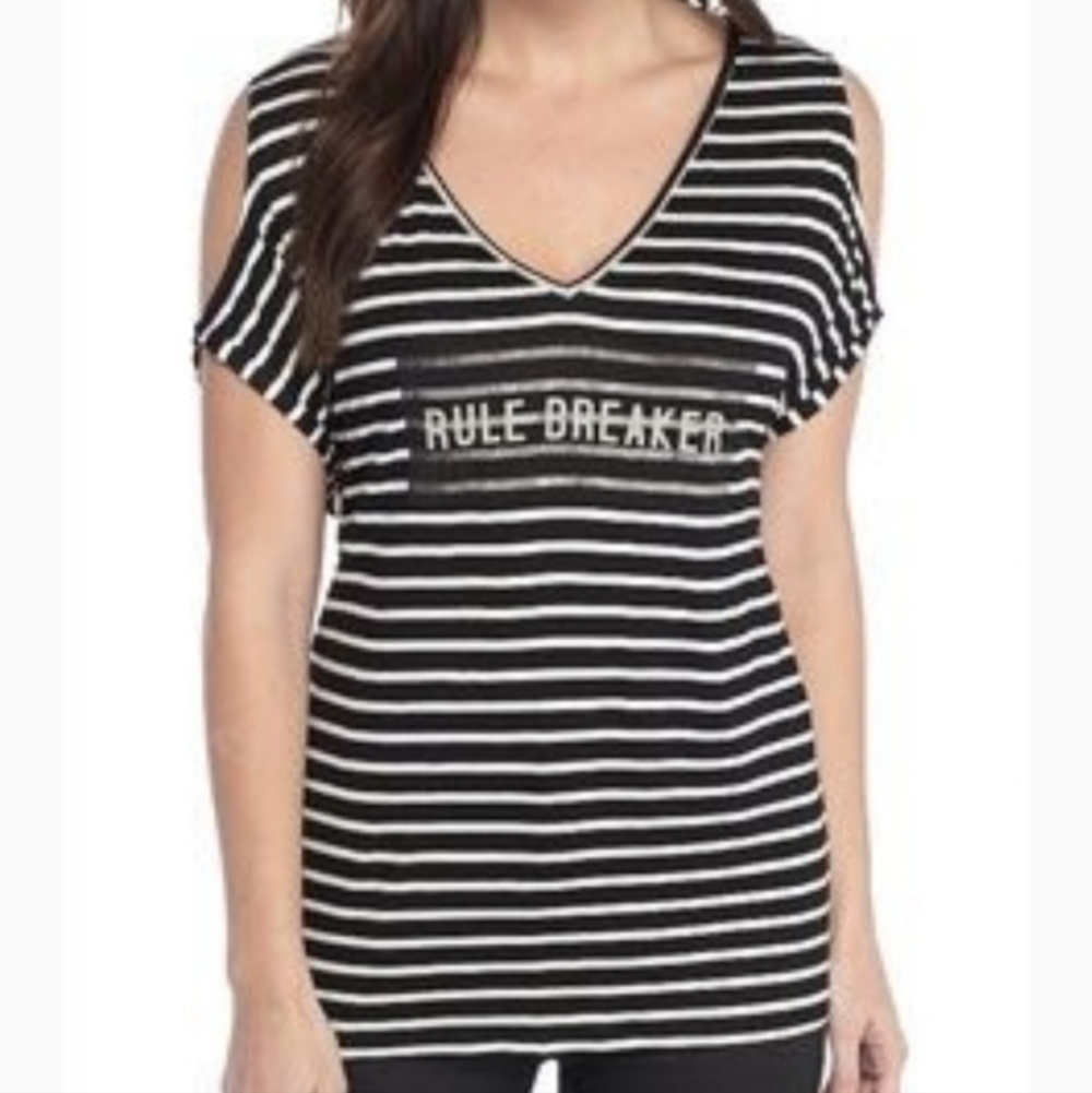 Jessica Simpson Rule Breaker Cold Shoulder Top Black Stripes M